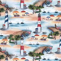 24" X 44" Panel Beach Lighthouse Seashells Boats Nautical Cotton Fabric D783.57